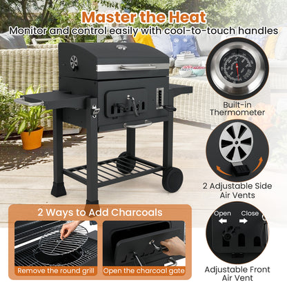24-Inch Barrel Charcoal Grill with 2 Folding Side Tables and 544 sq.in Cooking Area, Black Outdoor Grills at Gallery Canada