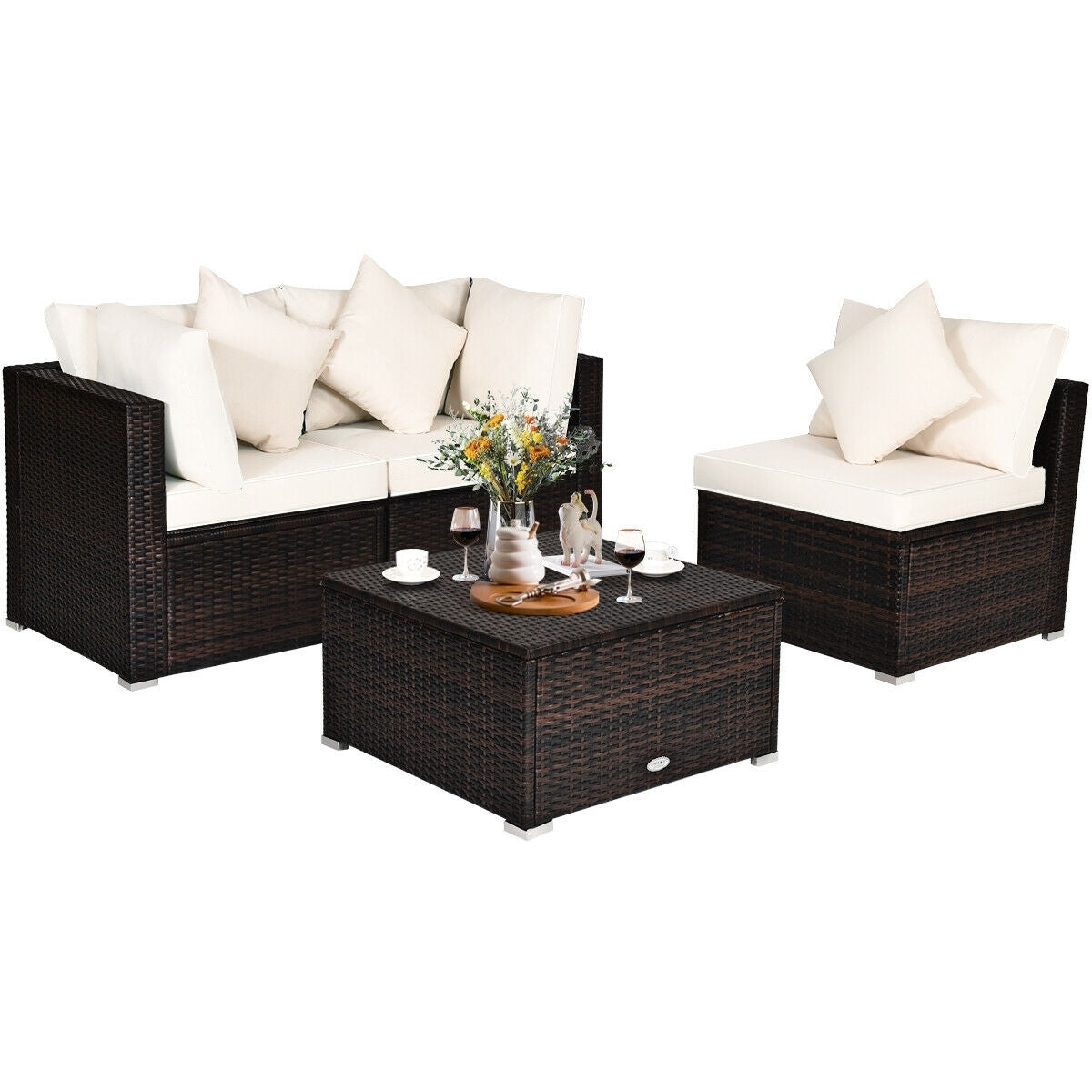 4 Pcs Ottoman Garden Deck Patio Rattan Wicker Furniture Set Cushioned Sofa, White Outdoor Sectionals at Gallery Canada