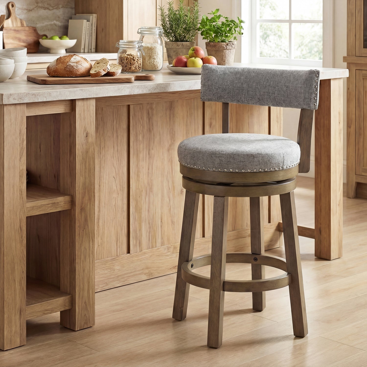 27 Inch Swivel Bar Stool, Upholstered Back Seat, Footrest, Gray Bar Stools at Gallery Canada
