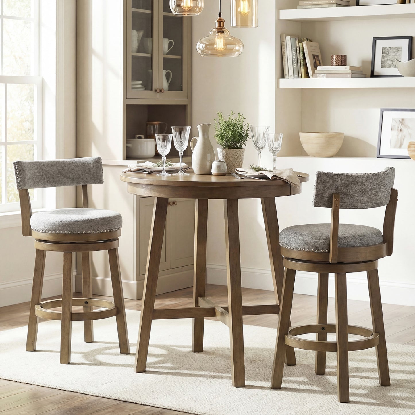 27 Inch Swivel Bar Stool, Upholstered Back Seat, Footrest, Gray Bar Stools at Gallery Canada