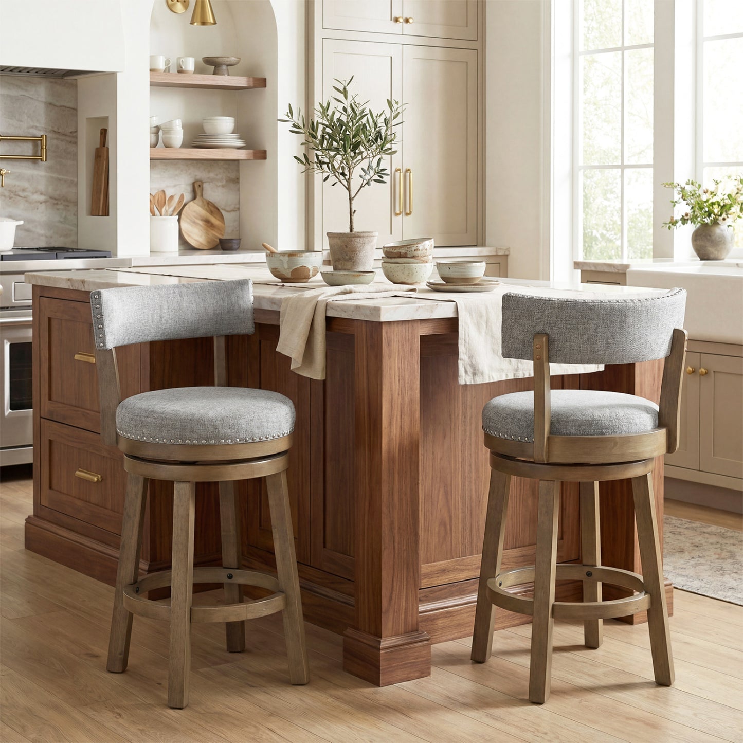 27 Inch Swivel Bar Stool, Upholstered Back Seat, Footrest, Gray Bar Stools at Gallery Canada