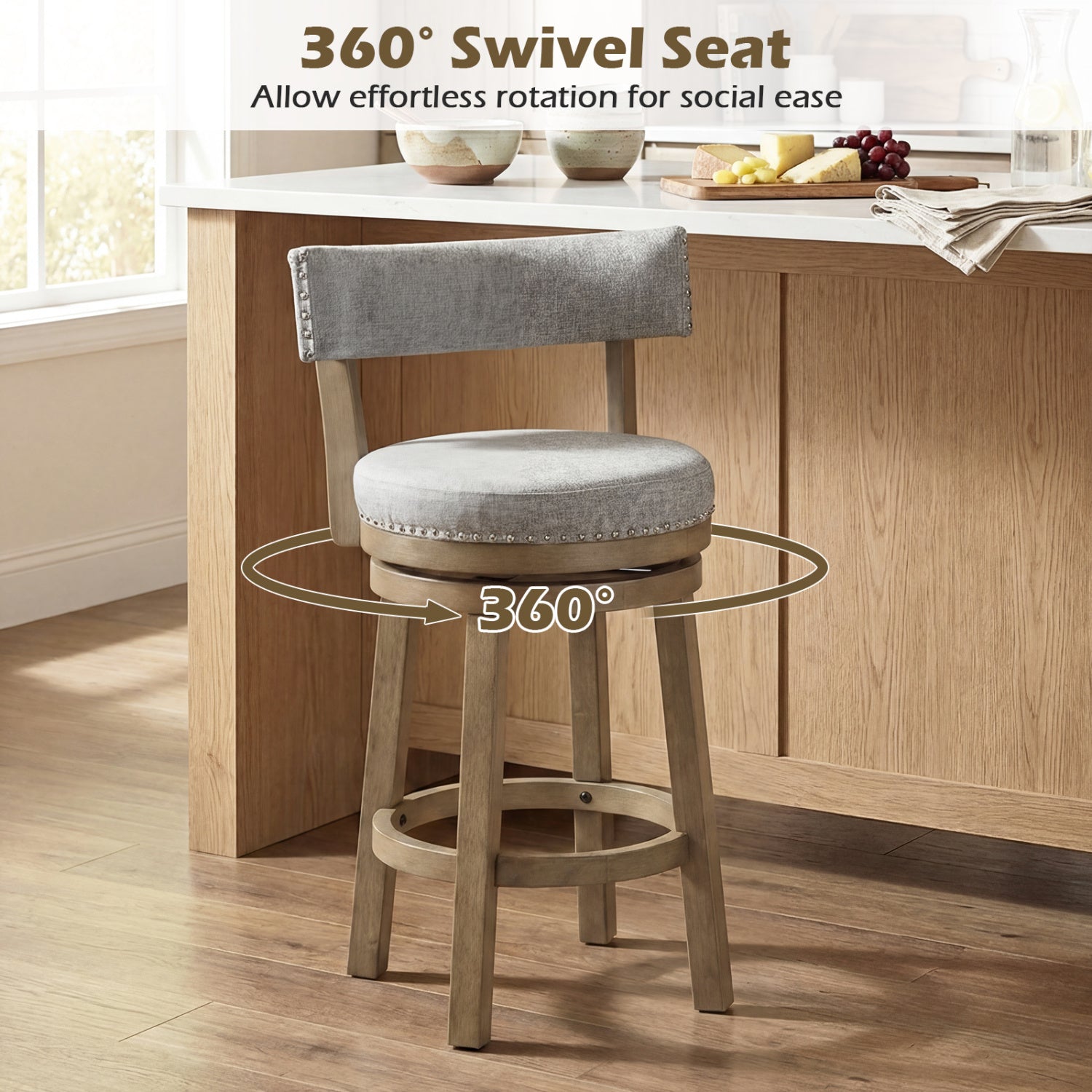 27 Inch Swivel Bar Stool, Upholstered Back Seat, Footrest, Gray Bar Stools at Gallery Canada