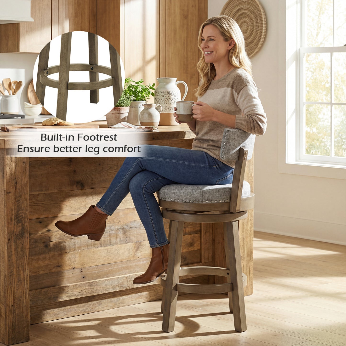 27 Inch Swivel Bar Stool, Upholstered Back Seat, Footrest, Gray Bar Stools at Gallery Canada