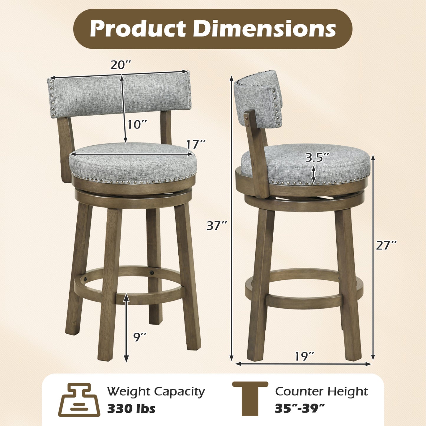27 Inch Swivel Bar Stool, Upholstered Back Seat, Footrest, Gray Bar Stools at Gallery Canada