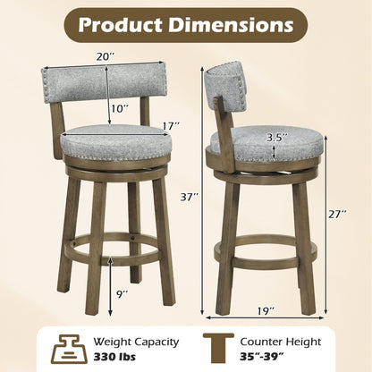 27 Inch Swivel Bar Stool, Upholstered Back Seat, Footrest, Gray Bar Stools at Gallery Canada