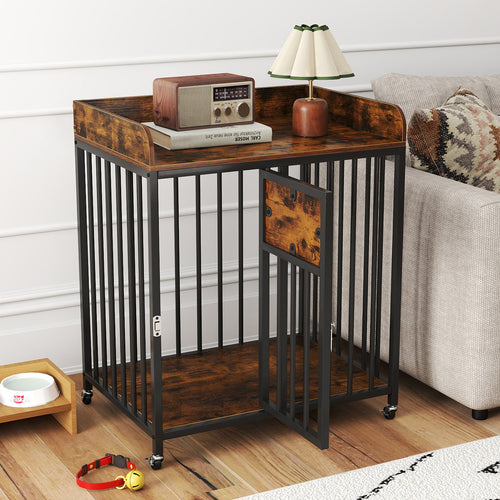 27.5 Inch Dog Crate Furniture with Wheels for Small Dogs and Puppies, Rustic Brown