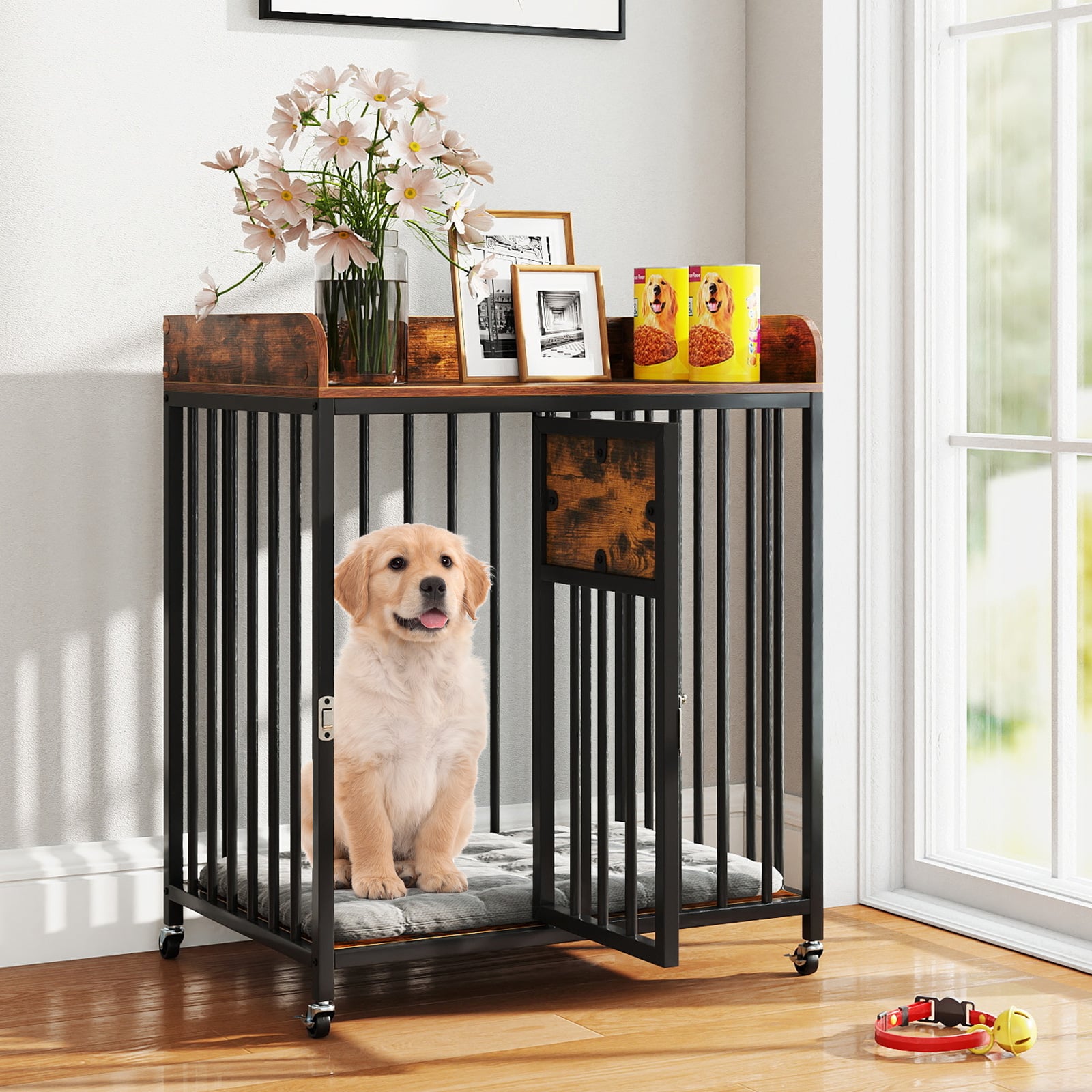 27.5 Inch Dog Crate Furniture with Wheels for Small Dogs and Puppies, Rustic Brown Pet Gate at Gallery Canada