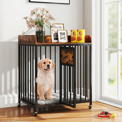 27.5 Inch Dog Crate Furniture with Wheels for Small Dogs and Puppies, Rustic Brown Pet Gate at Gallery Canada