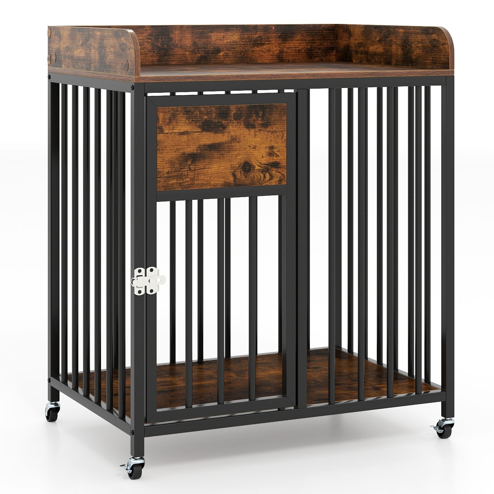 27.5 Inch Dog Crate Furniture with Wheels for Small Dogs and Puppies, Rustic Brown Pet Gate Rustic Brown at Gallery Canada