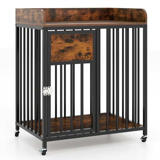 27.5 Inch Dog Crate Furniture with Wheels for Small Dogs and Puppies, Rustic Brown Pet Gate Rustic Brown at Gallery Canada