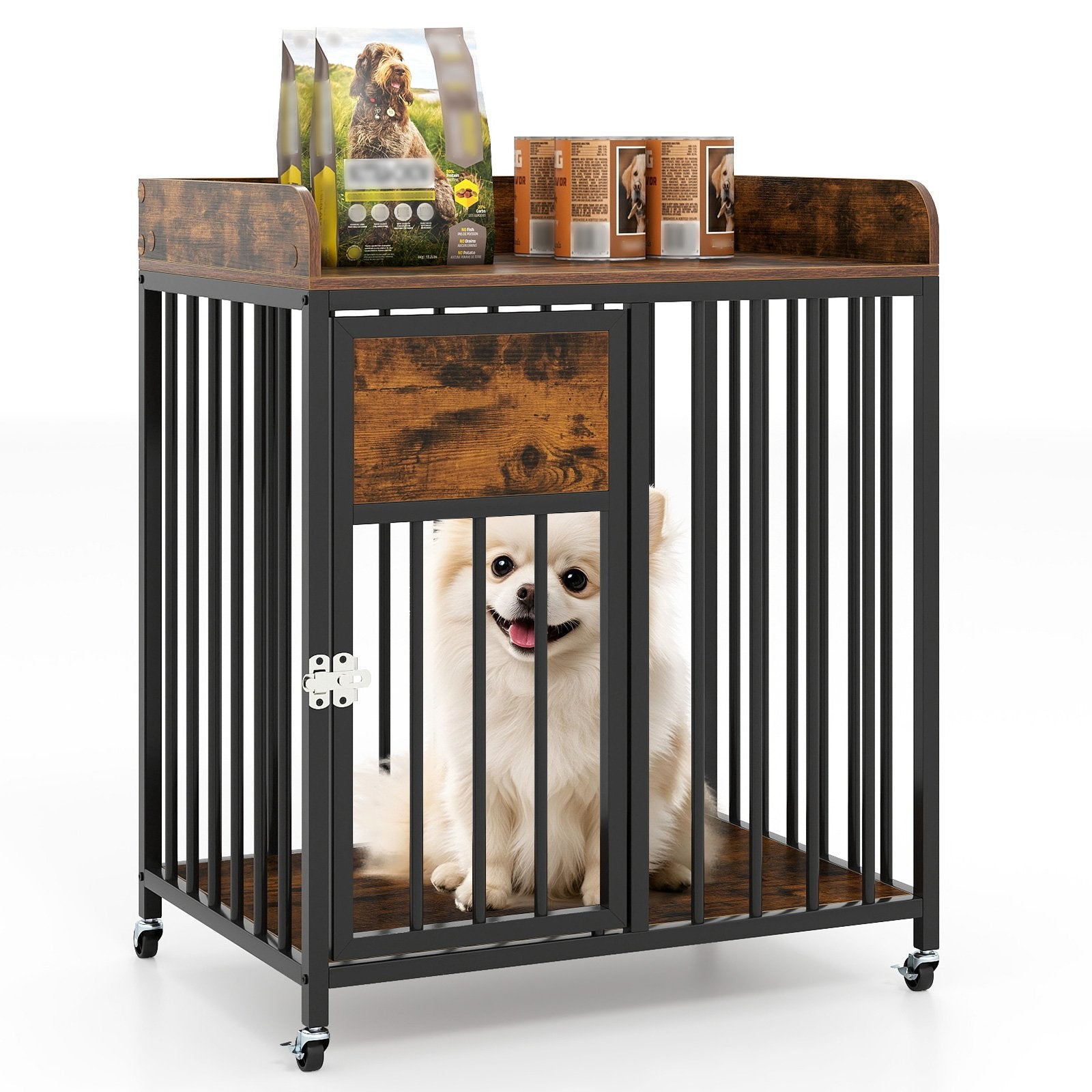 27.5 Inch Dog Crate Furniture with Wheels for Small Dogs and Puppies, Rustic Brown Pet Gate at Gallery Canada