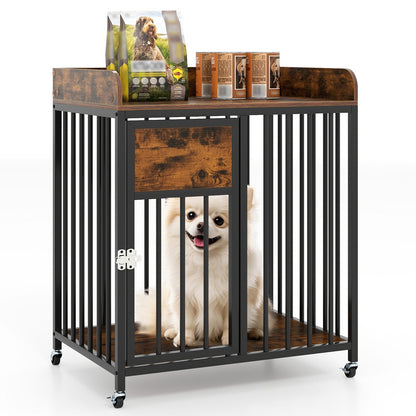 27.5 Inch Dog Crate Furniture with Wheels for Small Dogs and Puppies, Rustic Brown Pet Gate at Gallery Canada