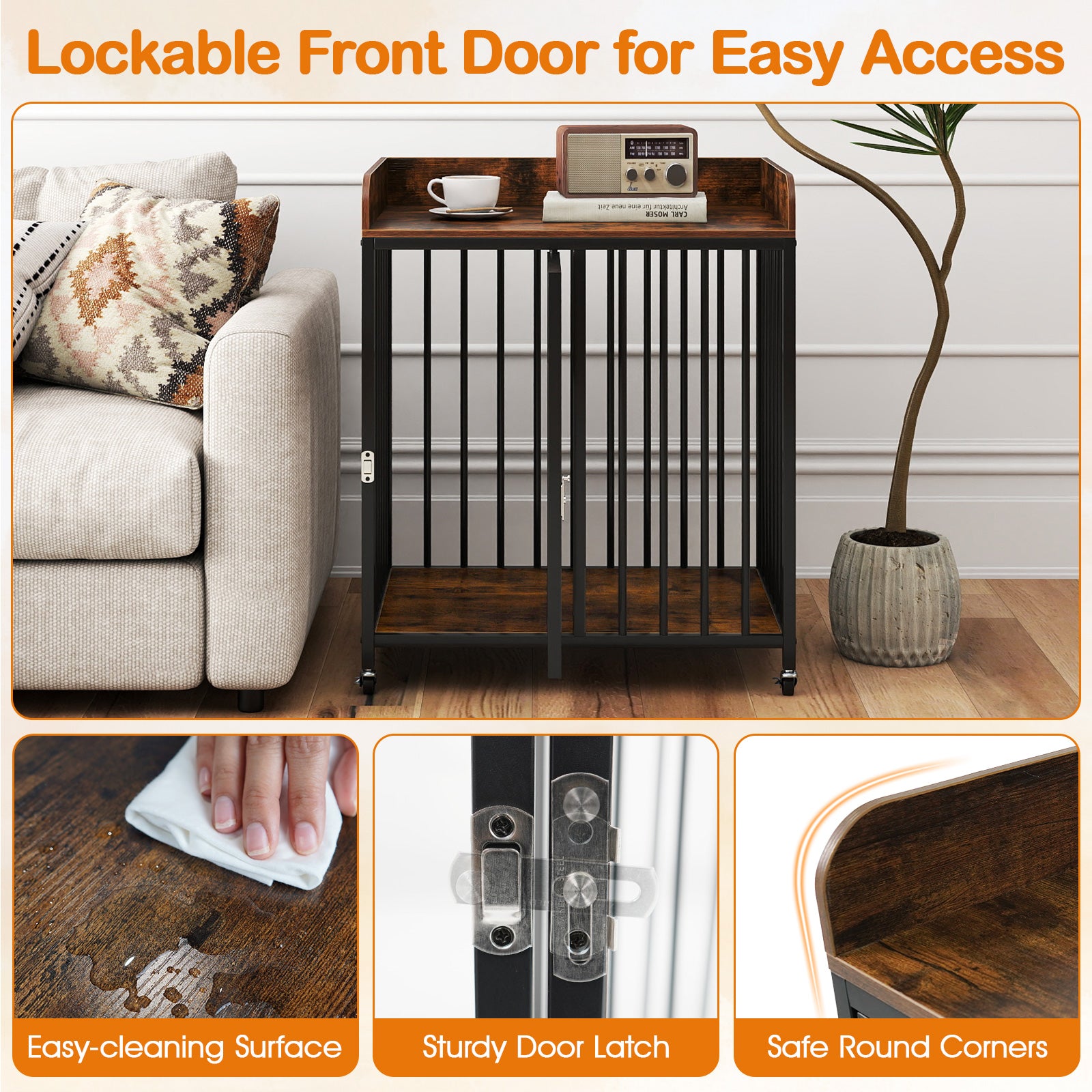 27.5 Inch Dog Crate Furniture with Wheels for Small Dogs and Puppies, Rustic Brown Pet Gate at Gallery Canada