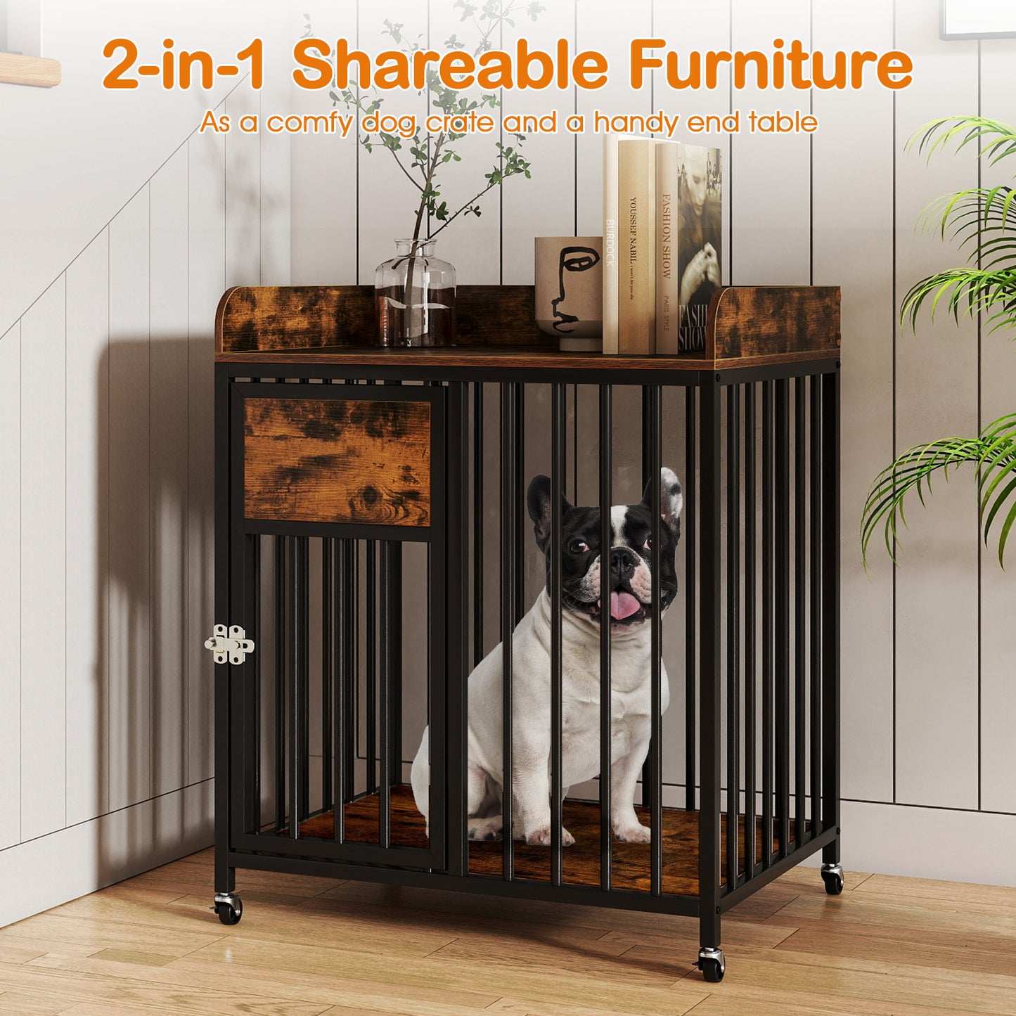27.5 Inch Dog Crate Furniture with Wheels for Small Dogs and Puppies, Rustic Brown Pet Gate at Gallery Canada