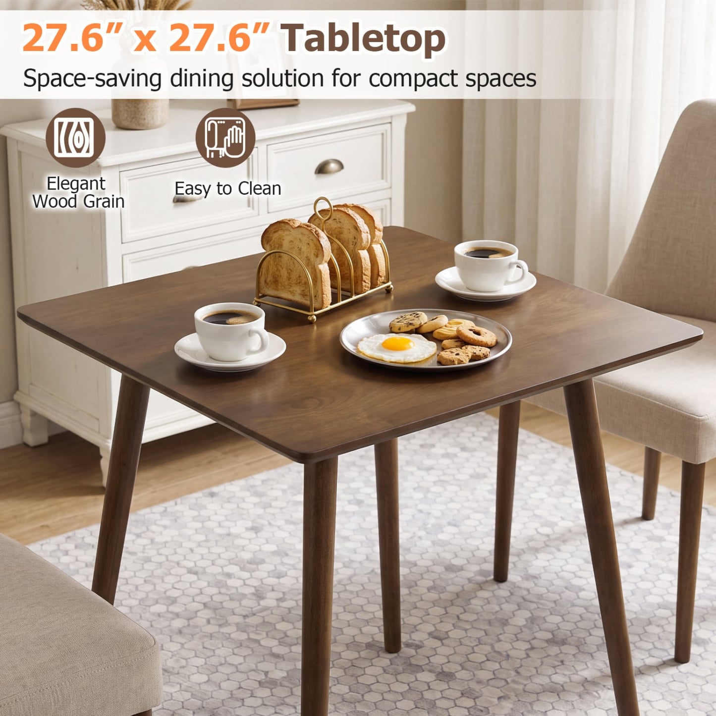 27.5" Square Wooden Dining Table for 2-4, Walnut