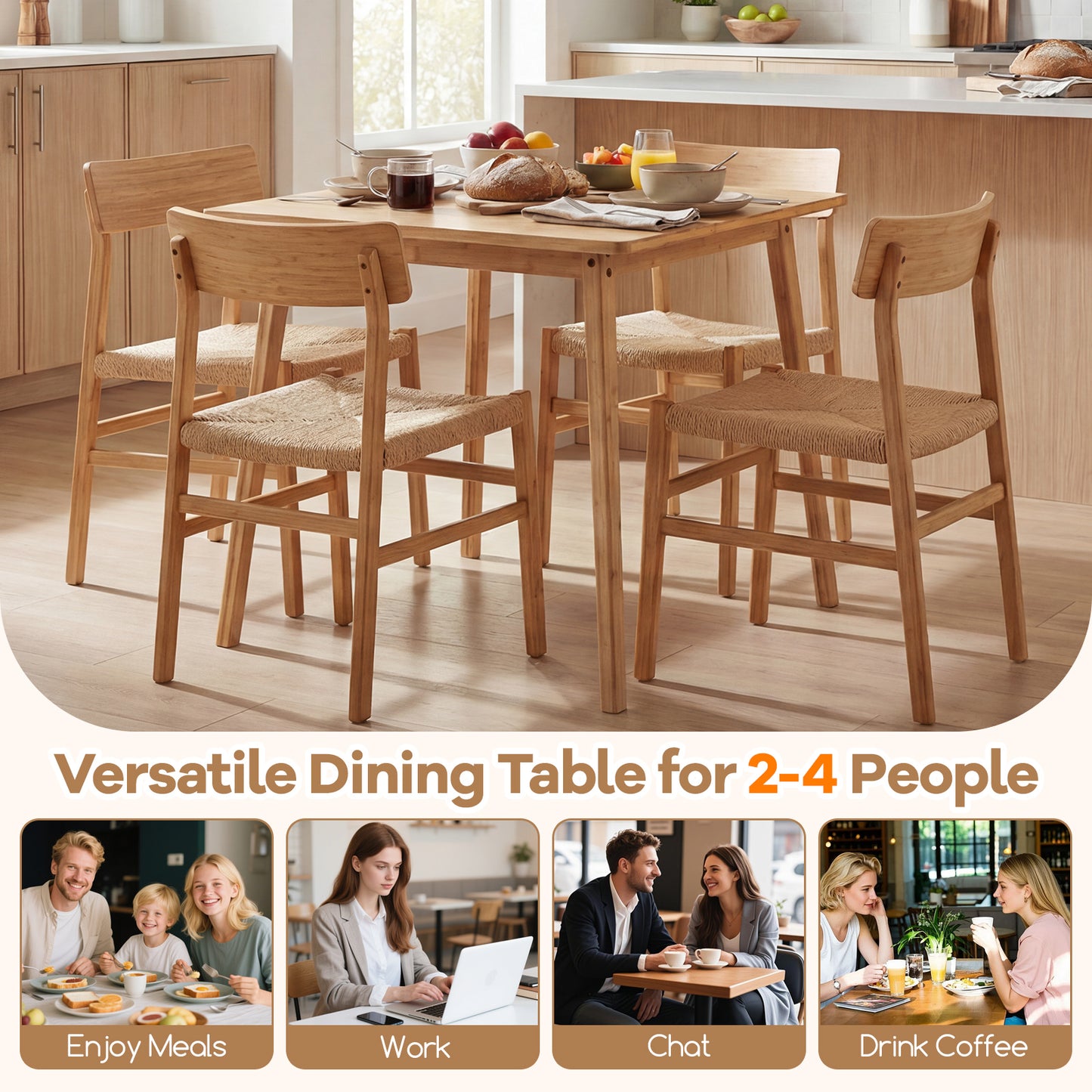 27.5 Inch Square Bamboo Dining Table for 2-4 People, Natural Dining Tables at Gallery Canada