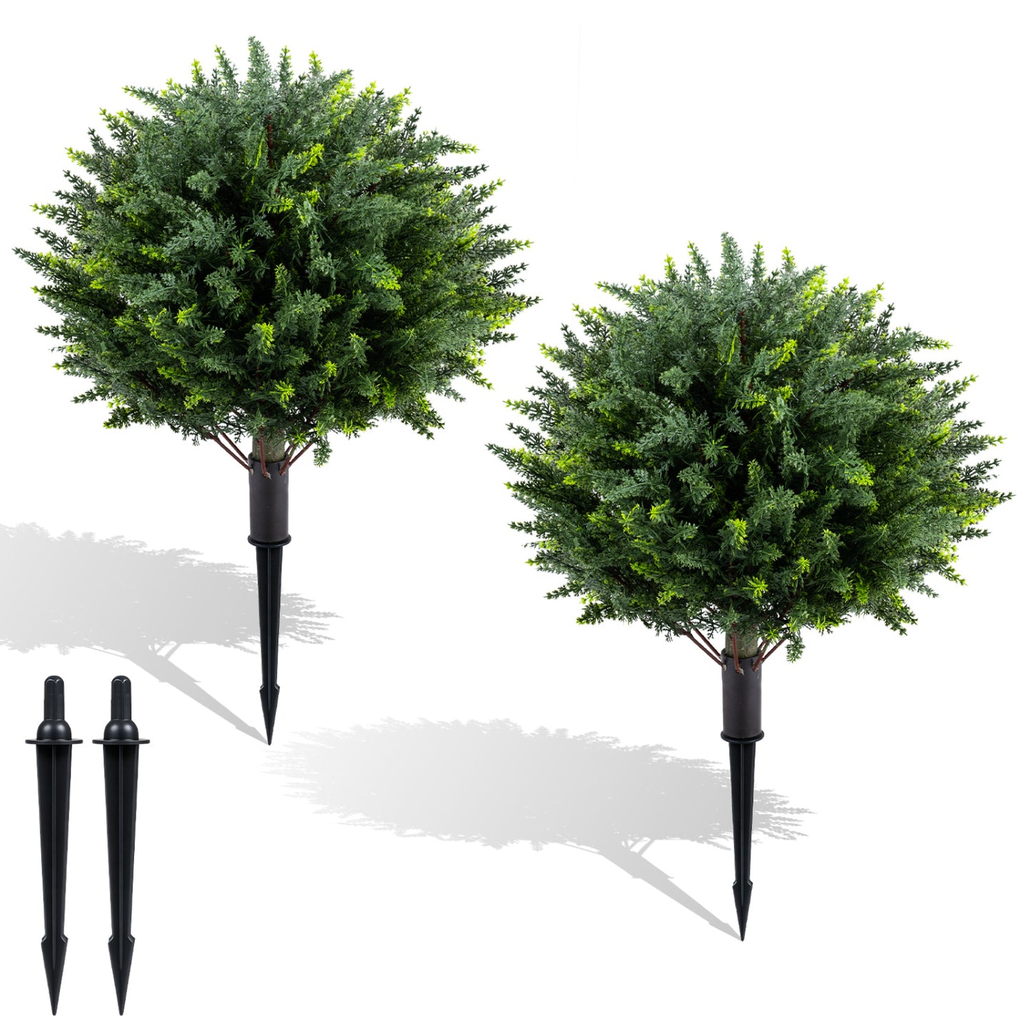 27.5 inch Artificial Cypress Topiary Trees with Ground Spikes Set of 2 Faux Plants Green & Black at Gallery Canada