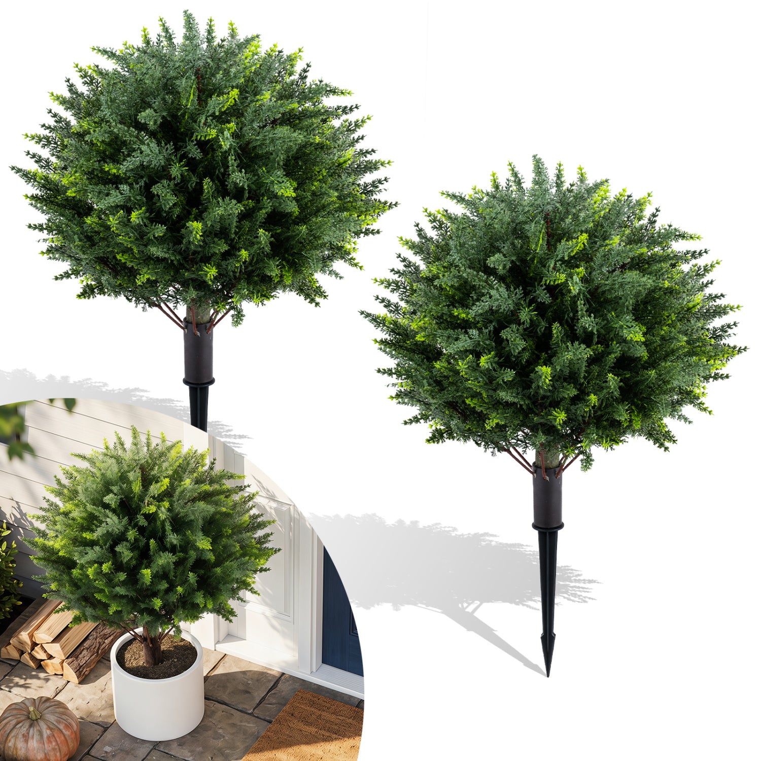 27.5 inch Artificial Cypress Topiary Trees with Ground Spikes Set of 2 Faux Plants at Gallery Canada
