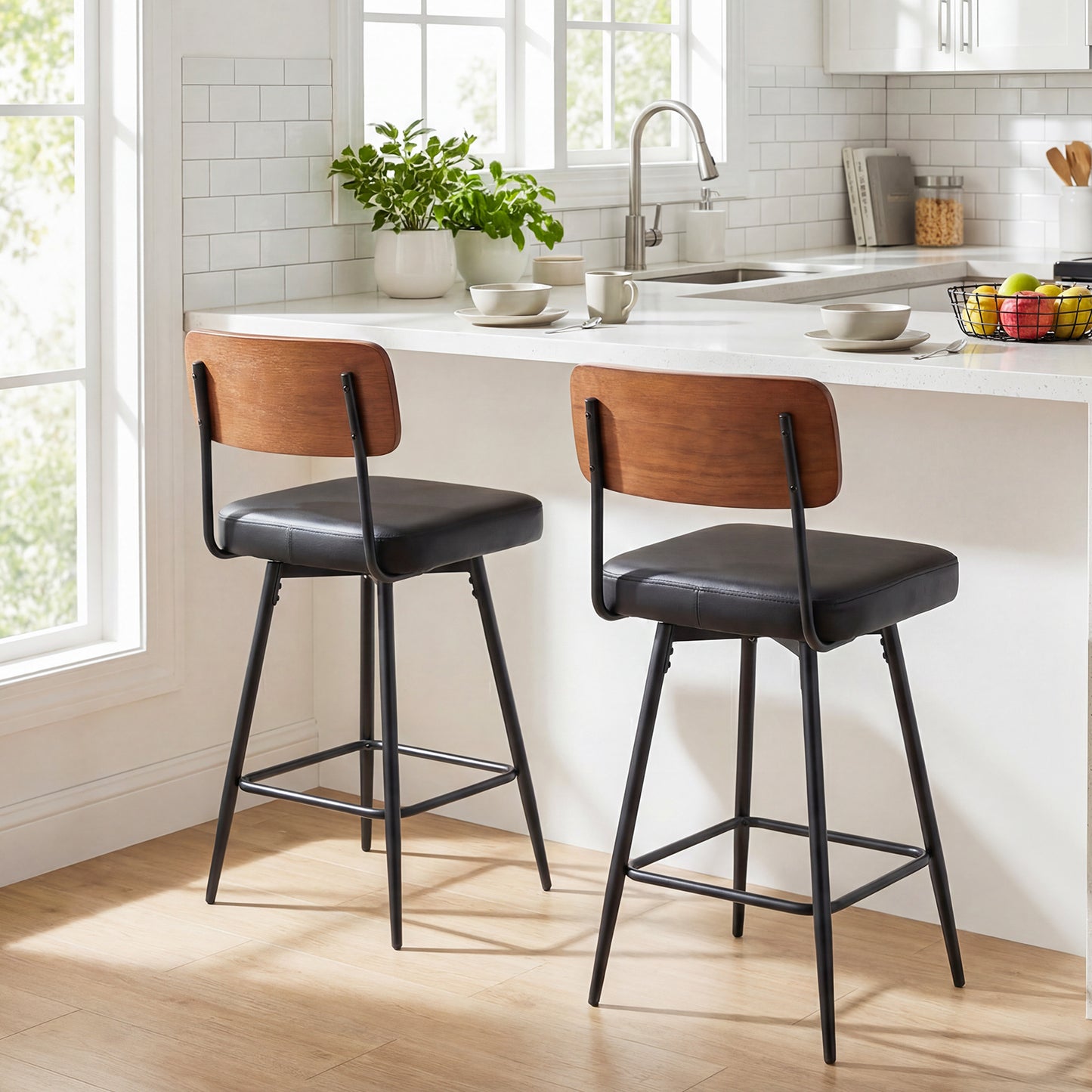 27 Inch Padded Counter Barstools Set of 2 with Metal Legs, Black Bar Stools at Gallery Canada