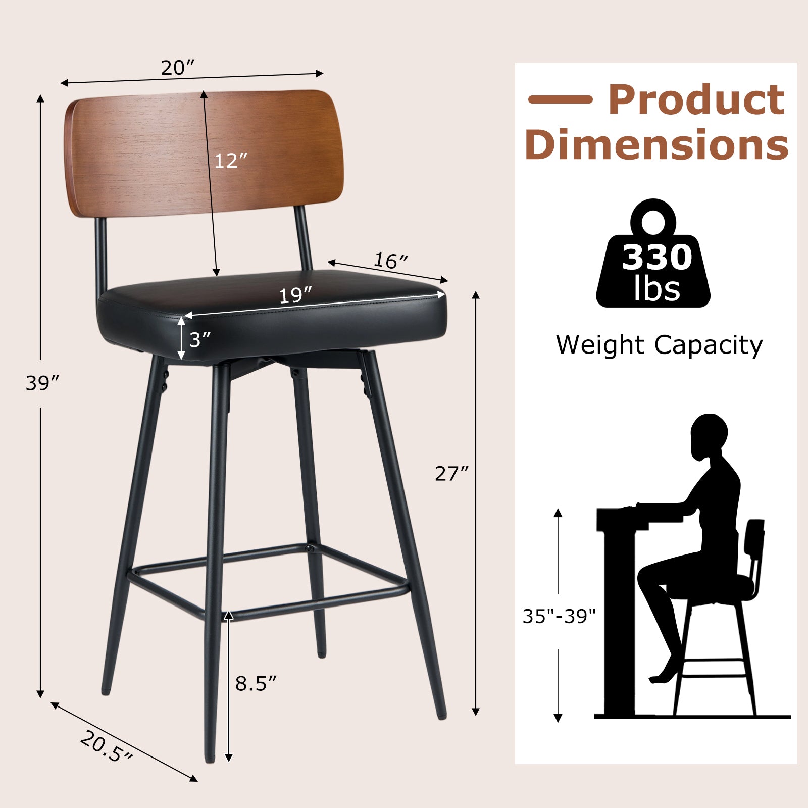 27 Inch Padded Counter Barstools Set of 2 with Metal Legs, Black Bar Stools at Gallery Canada