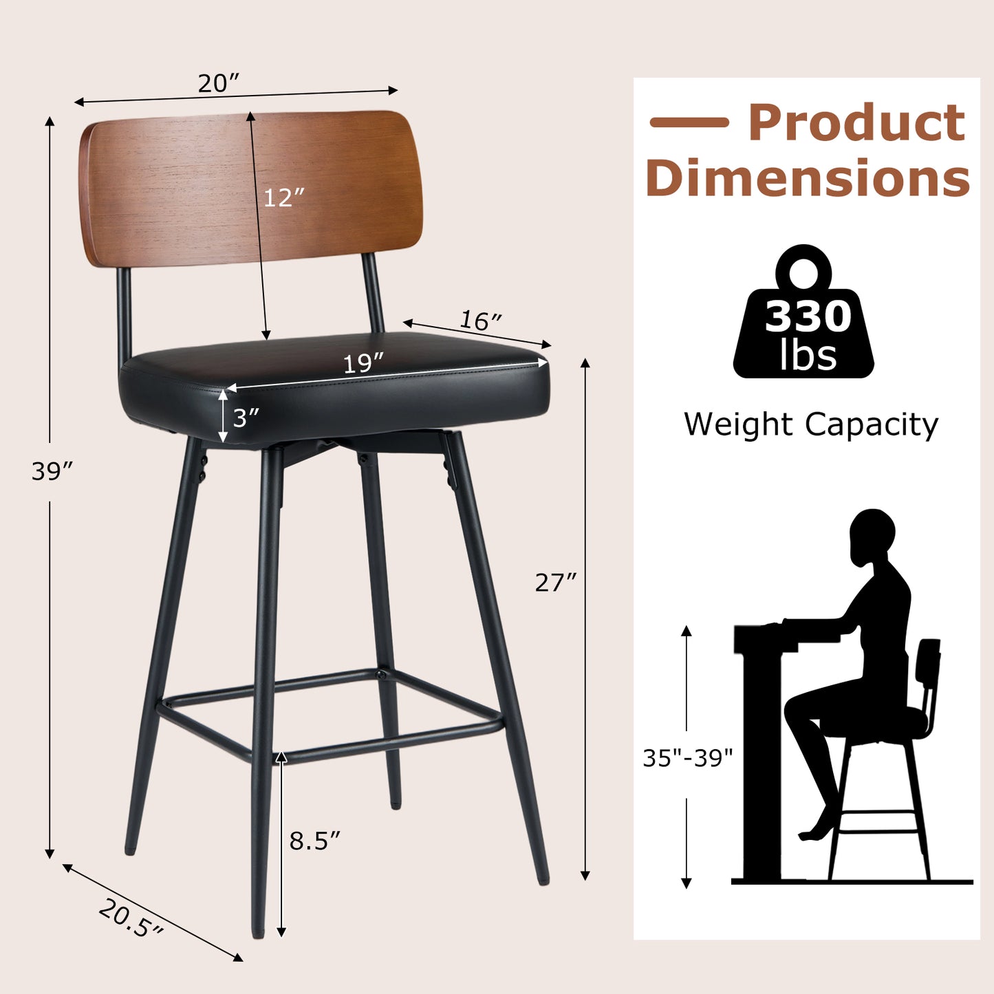 27 Inch Padded Counter Barstools Set of 2 with Metal Legs, Black Bar Stools at Gallery Canada
