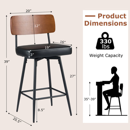 27 Inch Padded Counter Barstools Set of 2 with Metal Legs, Black Bar Stools at Gallery Canada