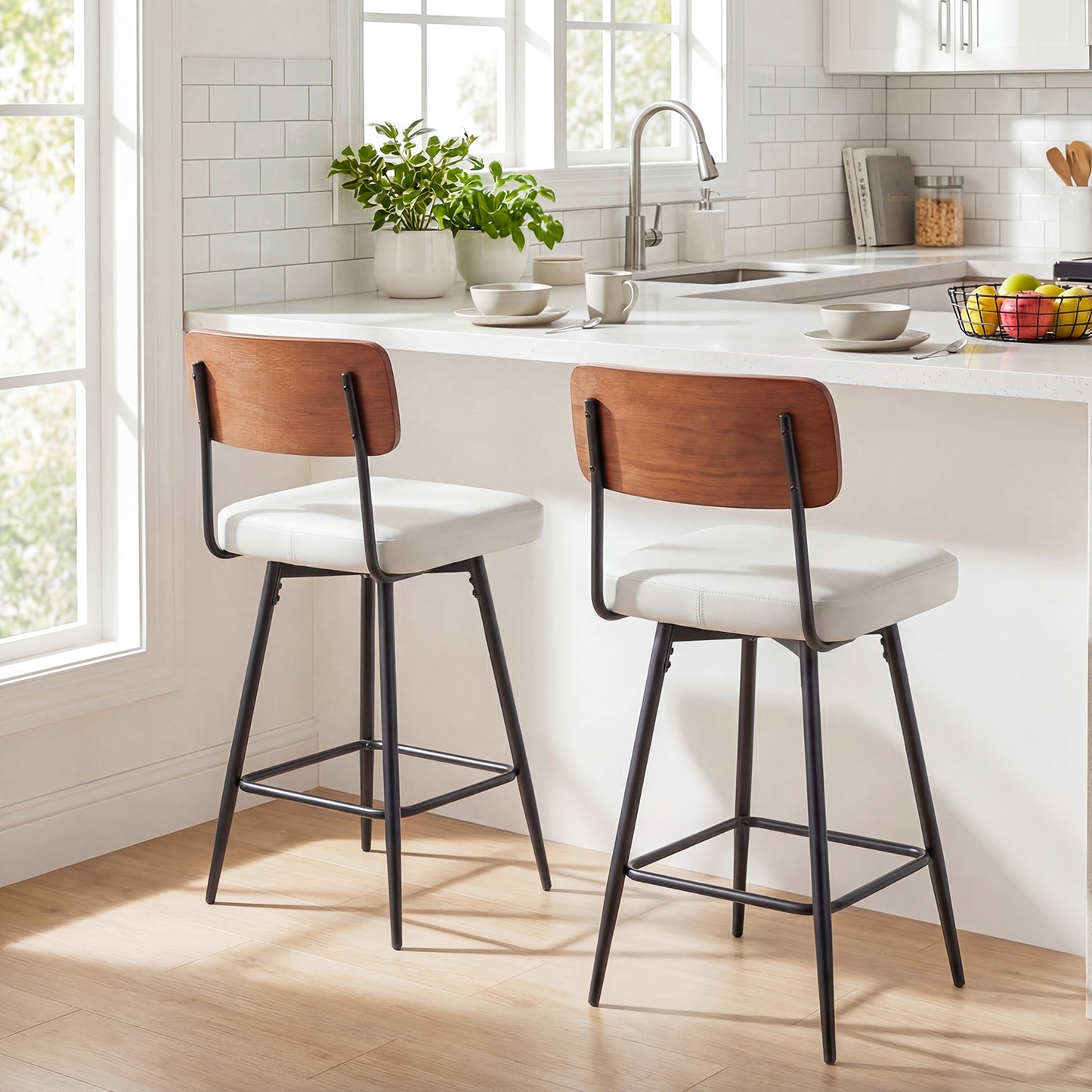 27 Inch Padded Counter Barstools Set of 2 with Metal Legs, White Bar Stools at Gallery Canada