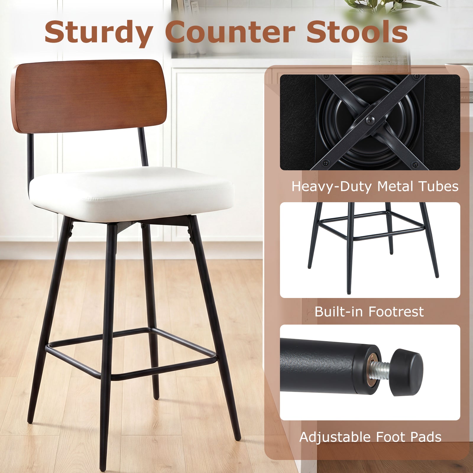 27 Inch Padded Counter Barstools Set of 2 with Metal Legs, White Bar Stools at Gallery Canada