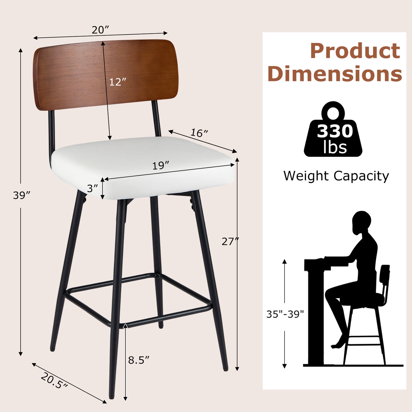 27 Inch Padded Counter Barstools Set of 2 with Metal Legs, White Bar Stools at Gallery Canada