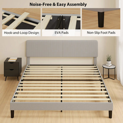King Size Bed Frame, Adjustable Upholstered Headboard, Wood Slat Support, Light Grey Bed Frames at Gallery Canada