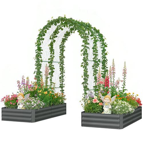 Metal Raised Garden Bed With Trellis, Galvanized Kit, Dark Grey