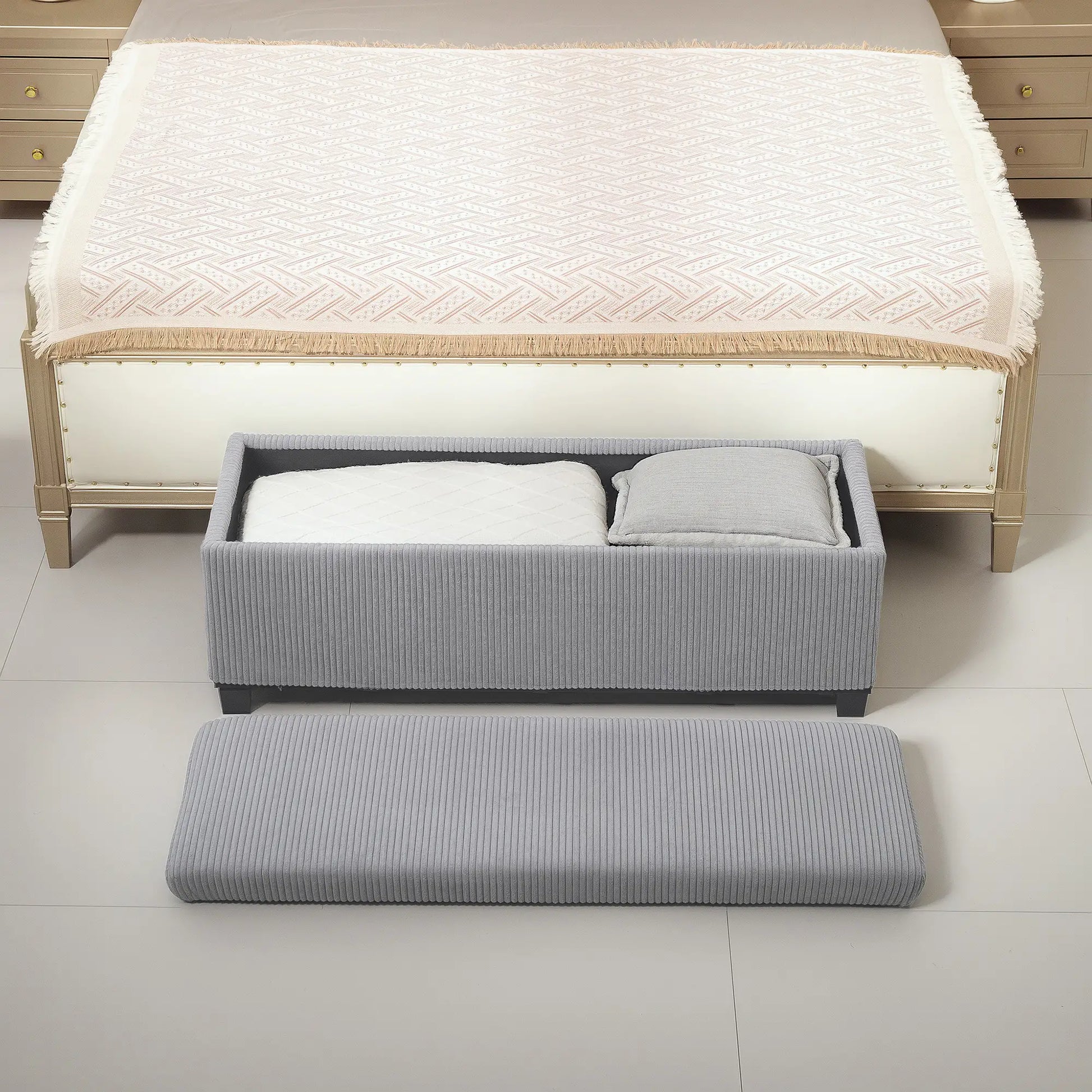 44 Inches Ottoman with Storage, Lid, Legs, Corduroy Bench, Light Grey Storage Ottomans & Benches at Gallery Canada