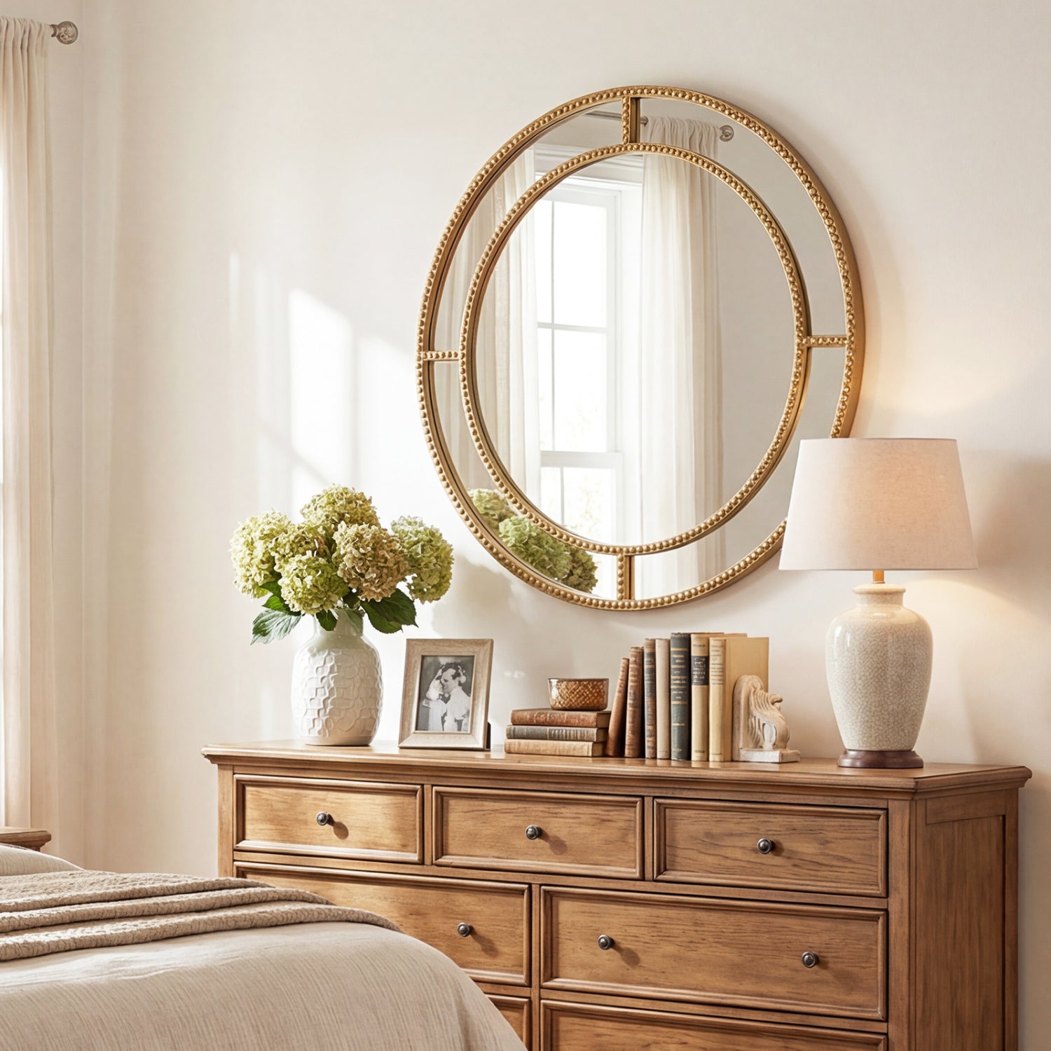 28 Inch Round Wall Mirror, Beaded Frame, Living Room Entryway, Gold Wall Mirrors at Gallery Canada