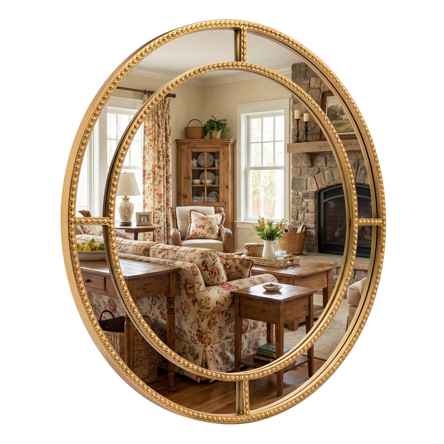 28 Inch Round Wall Mirror, Beaded Frame, Living Room Entryway, Gold Wall Mirrors at Gallery Canada