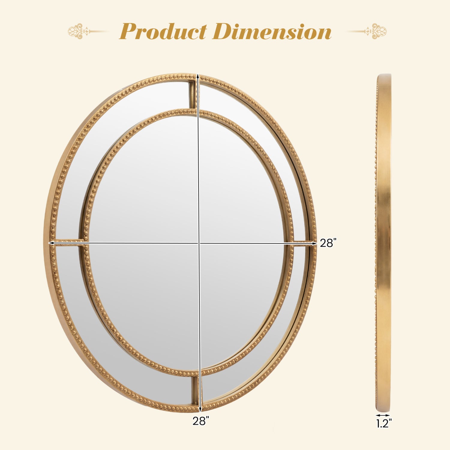 28 Inch Round Wall Mirror, Beaded Frame, Living Room Entryway, Gold Wall Mirrors at Gallery Canada