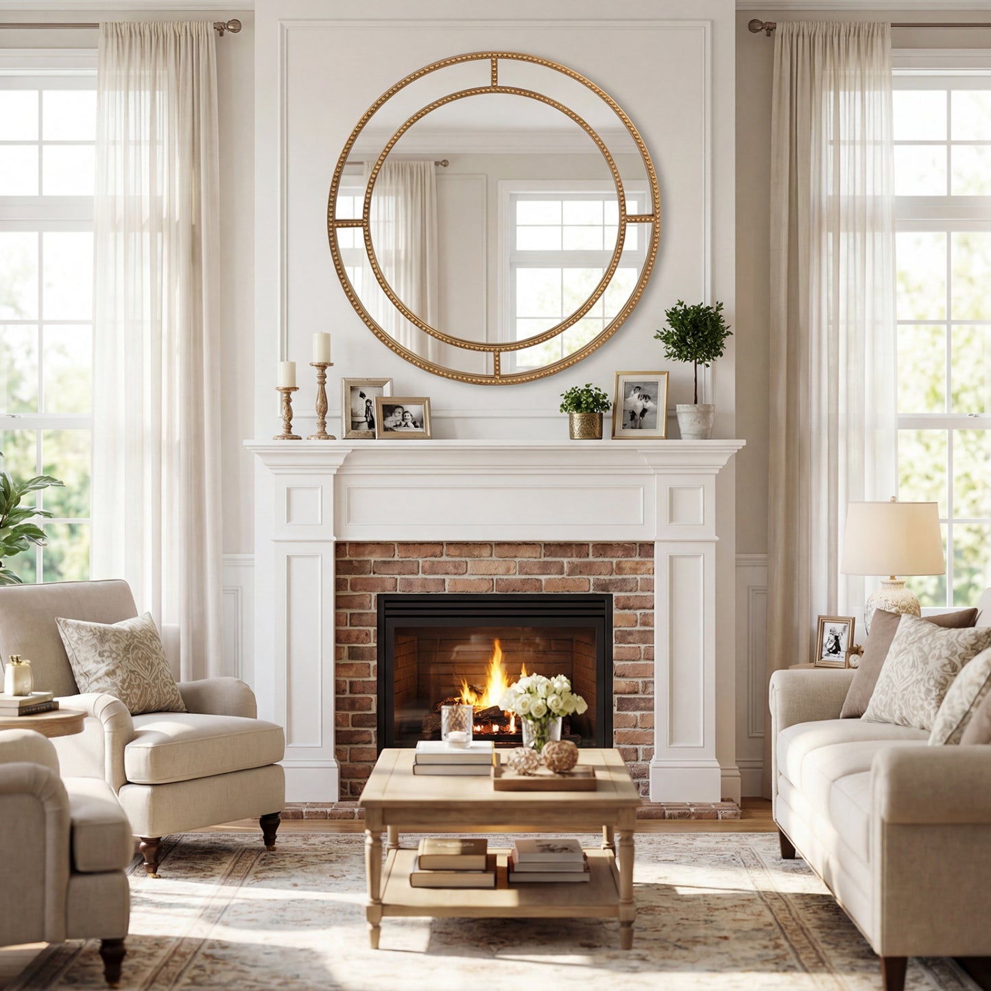 28 Inch Round Wall Mirror, Beaded Frame, Living Room Entryway, Gold Wall Mirrors at Gallery Canada
