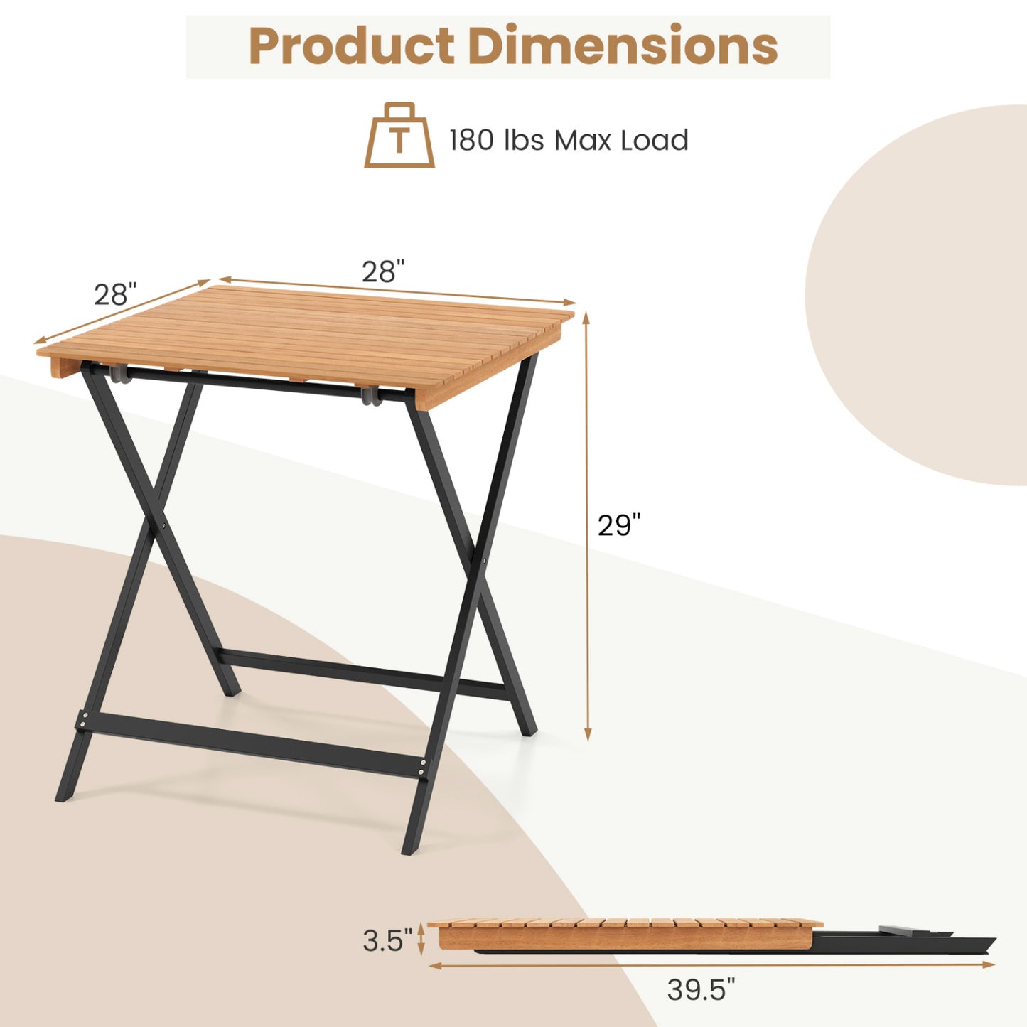 28 Inch Folding Square Table, Slatted Tabletop, Patio Porch Patio Dining Tables at Gallery Canada