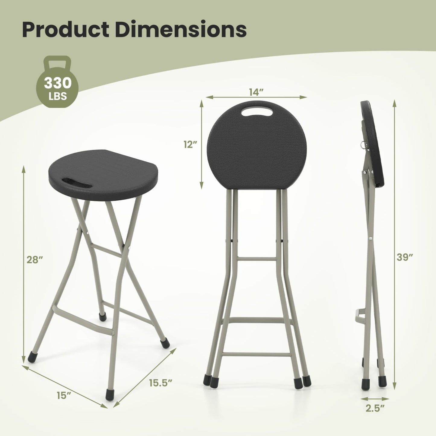 28 Inch Folding Stool, 330lbs Capacity, Sturdy Frame