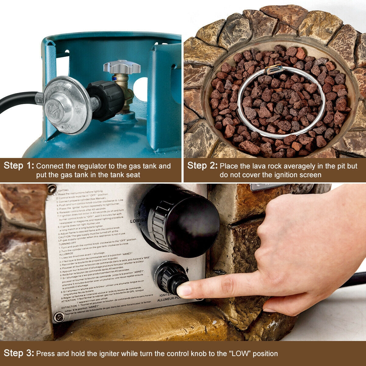 Foyer extérieur au gaz propane de 28 pouces, 40 000 BTU, pierre, brun