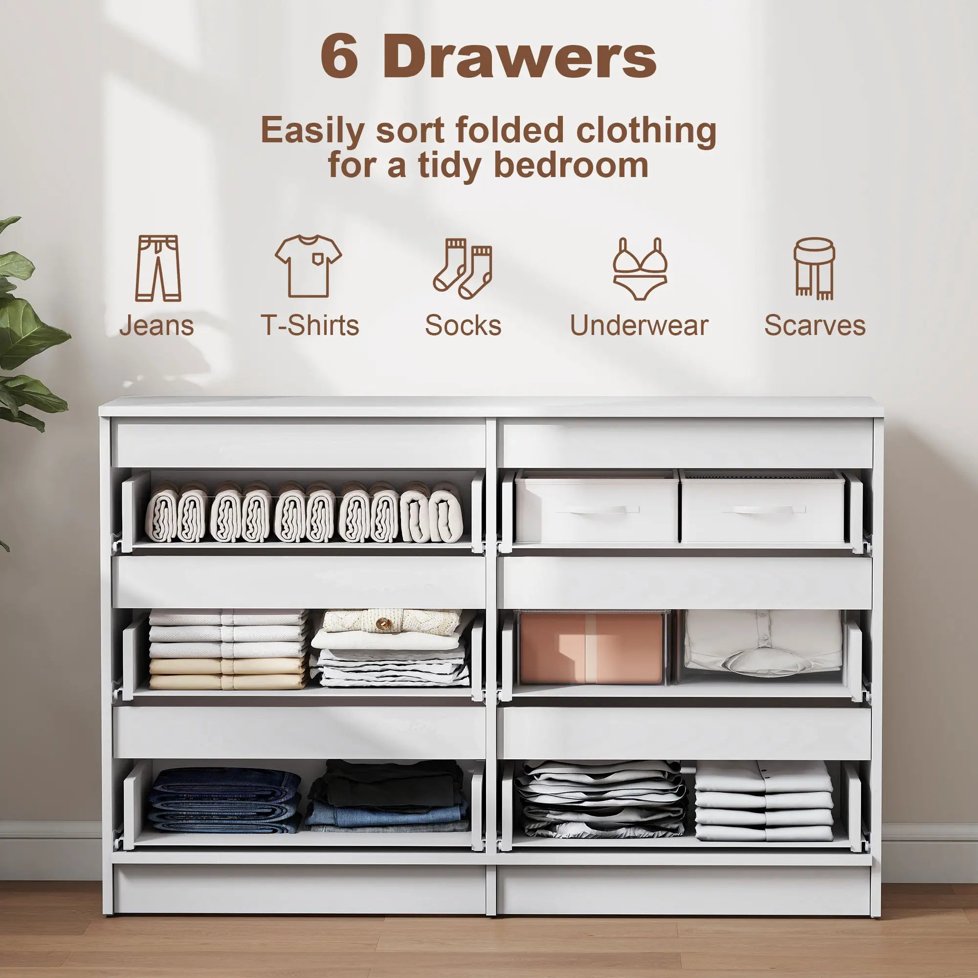 Wide 6 Drawer Dresser, Modern Clothes Storage Organizer, White Storage Cabinets at Gallery Canada