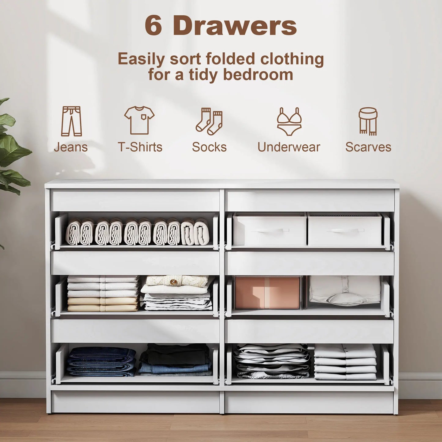Wide 6 Drawer Dresser, Modern Clothes Storage Organizer, White Storage Cabinets at Gallery Canada