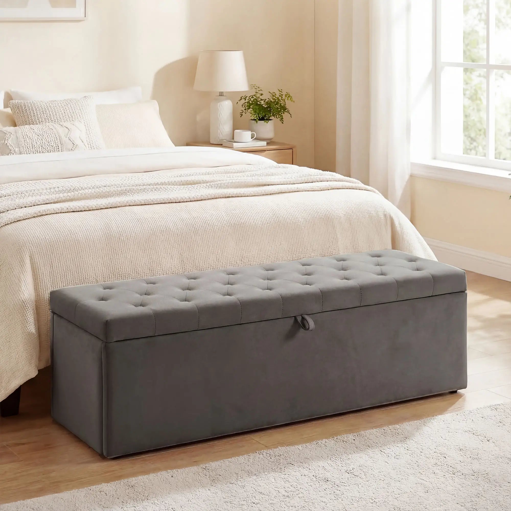 Storage Ottoman Bench, Button Tufted Velvet, Grey Storage Ottomans & Benches at Gallery Canada