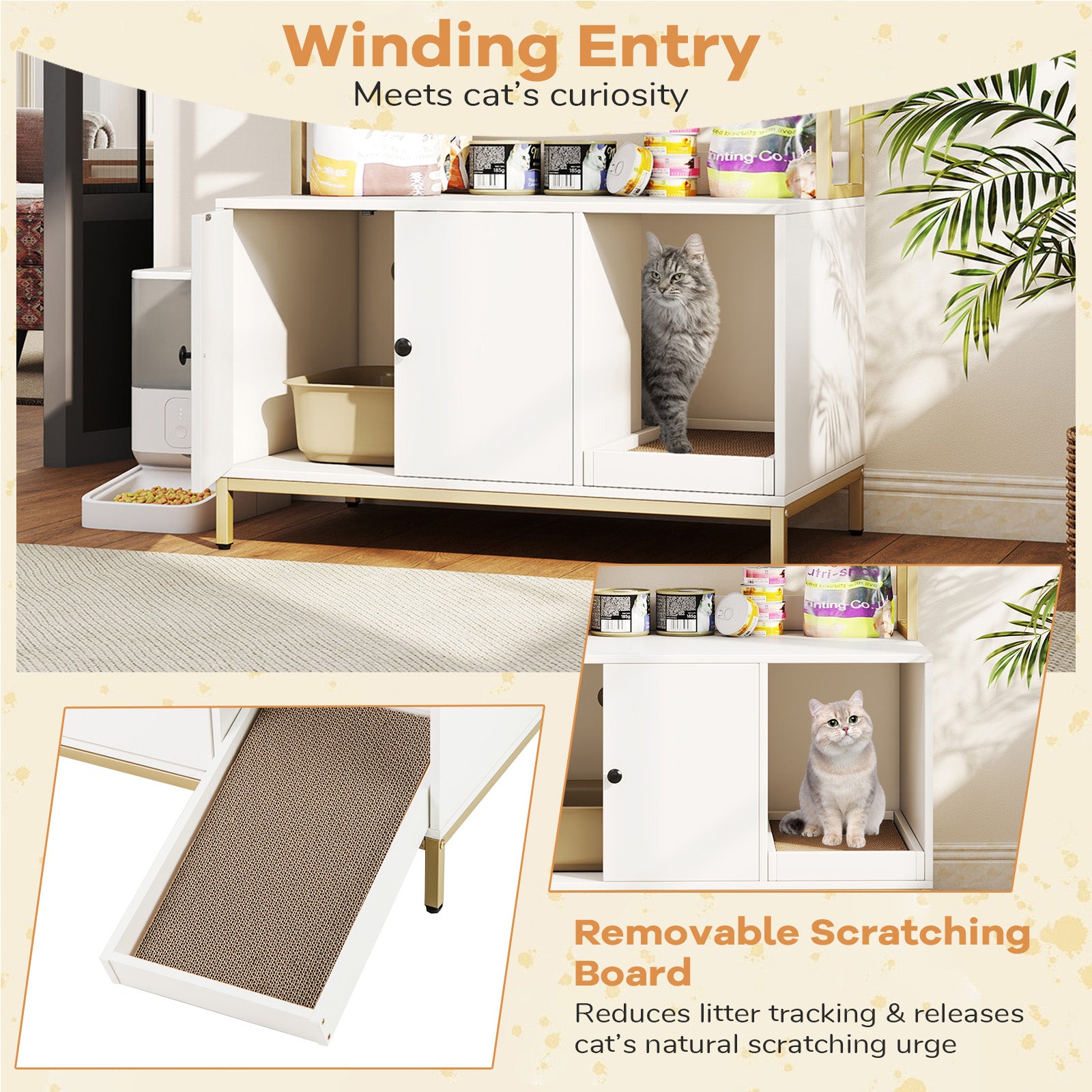 57 Inches Cat Litter Box Enclosure with Storage and Removable Scratcher, White Cat Houses at Gallery Canada