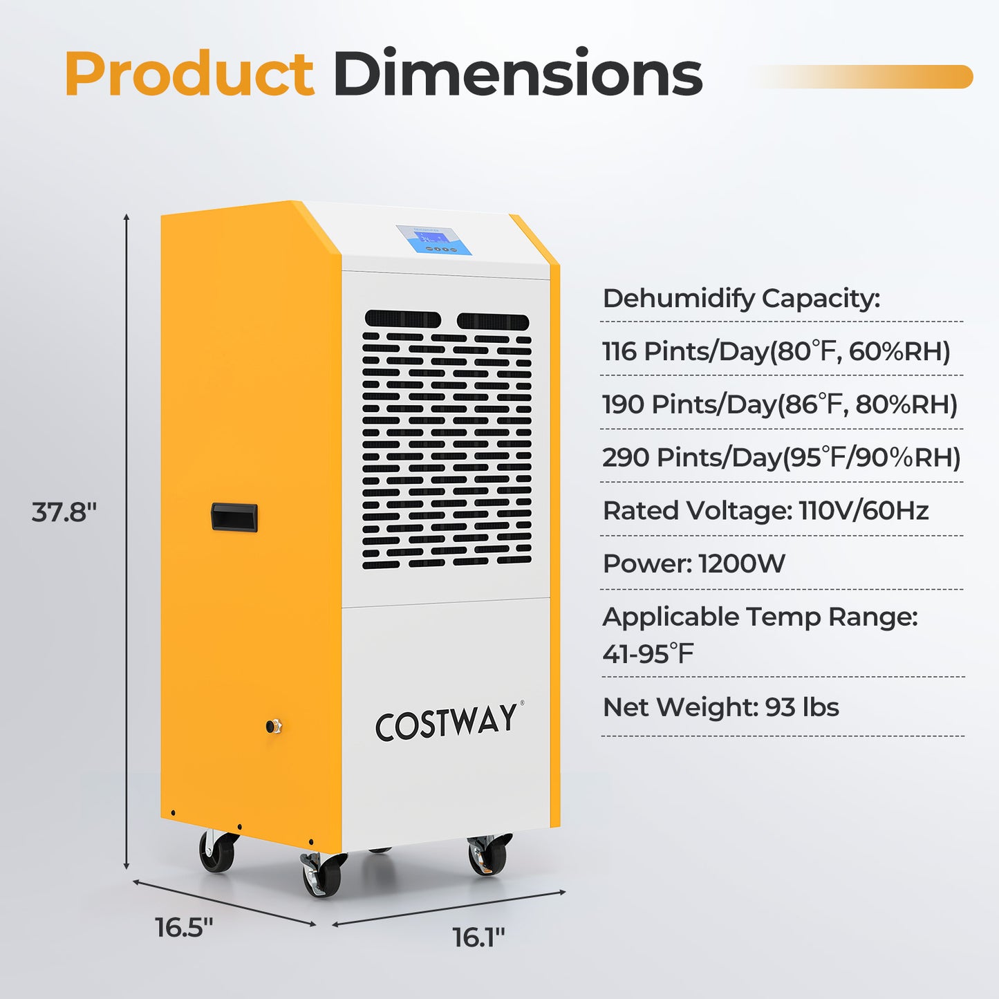 290 Pints Commercial Dehumidifier with Pump and Drain Hose for Basement Warehouse, Yellow Dehumidifiers at Gallery Canada