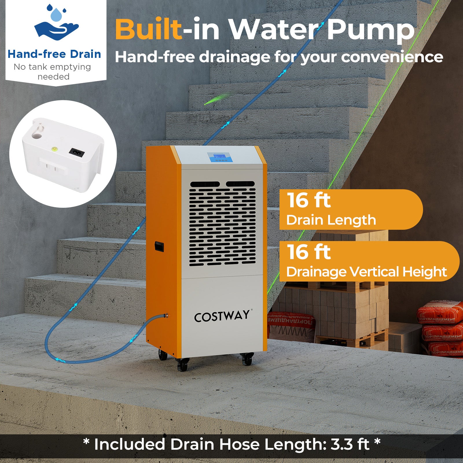 290 Pints Commercial Dehumidifier with Pump and Drain Hose for Basement Warehouse, Yellow Dehumidifiers at Gallery Canada