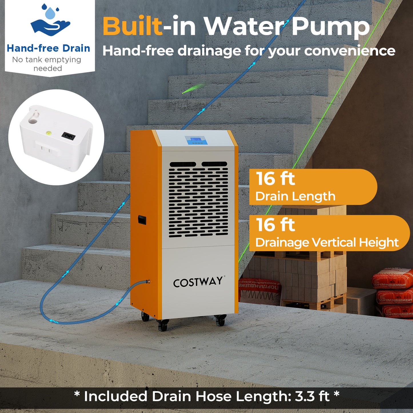 290 Pints Commercial Dehumidifier with Pump and Drain Hose for Basement Warehouse, Yellow Dehumidifiers at Gallery Canada