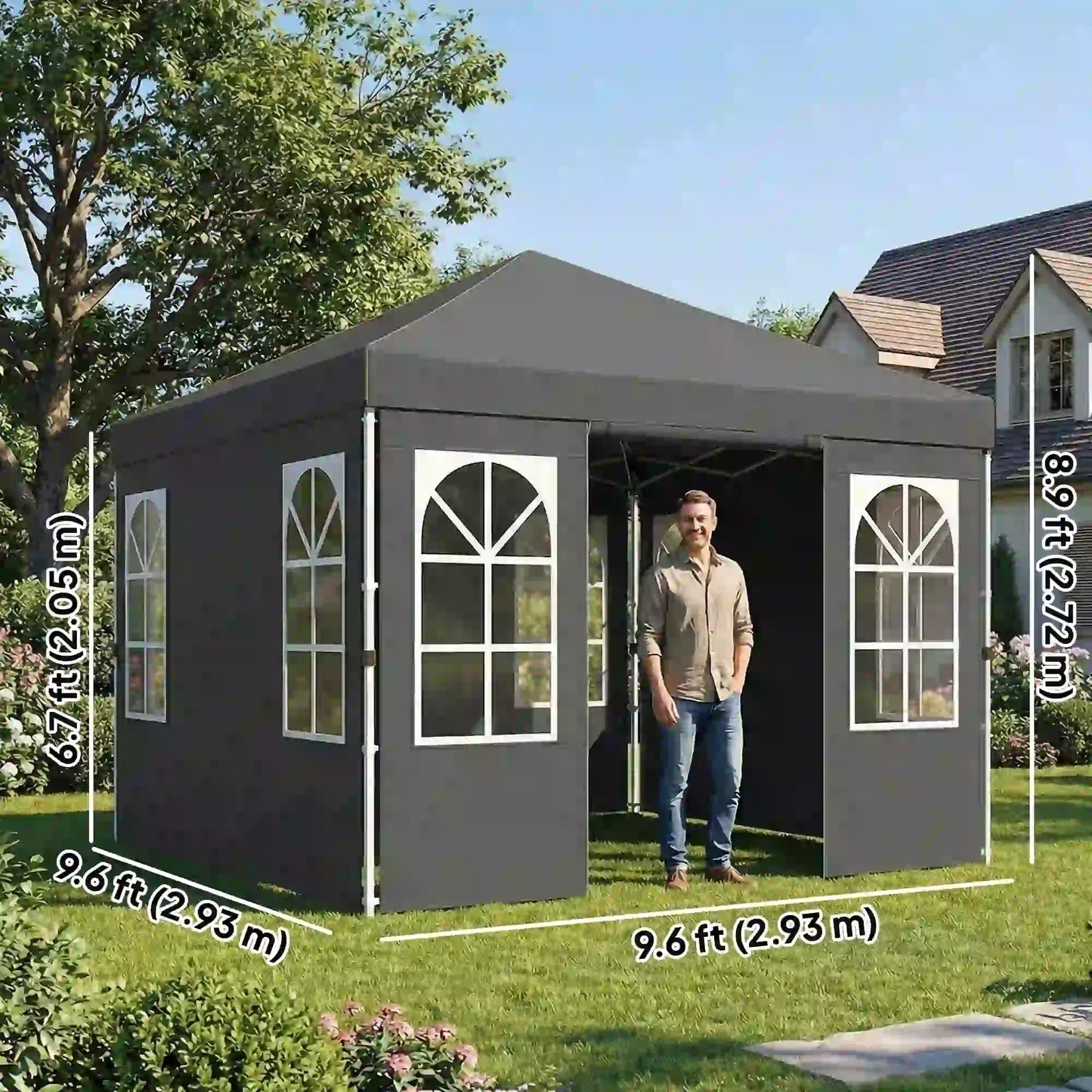 9.6 x 9.6 ft Pop Up Canopy Tent With 4 Sidewalls, UPF 50+, Dark Grey Pop Up Canopies at Gallery Canada