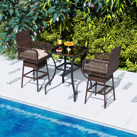 29" Bar Height Swivel Stool, Cross-Woven Armrests, Brown Patio Bar Furniture Brown at Gallery Canada