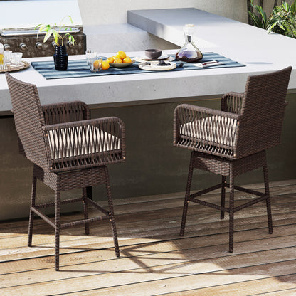 Tabouret pivotant de hauteur de bar 29", accoudoirs tissés croisés, marron