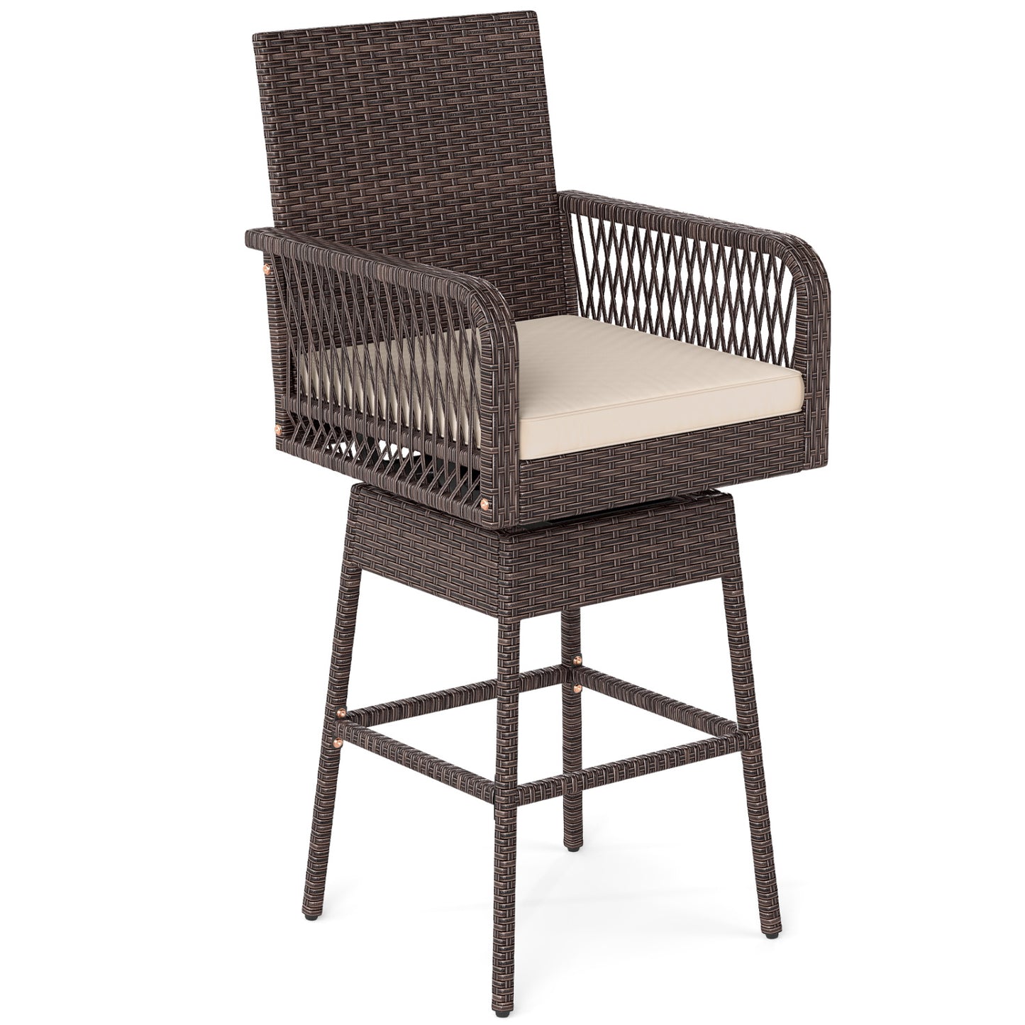 Tabouret pivotant de hauteur de bar 29", accoudoirs tissés croisés, marron